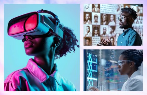 A collage of three African American students engaged in advanced learning and research activities, symbolizing the future of HBCUs.