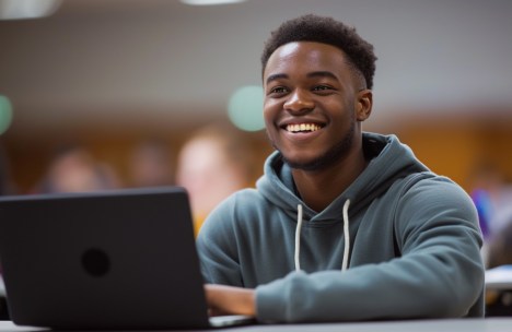 Smiling young man in a classroom setting using a laptop.