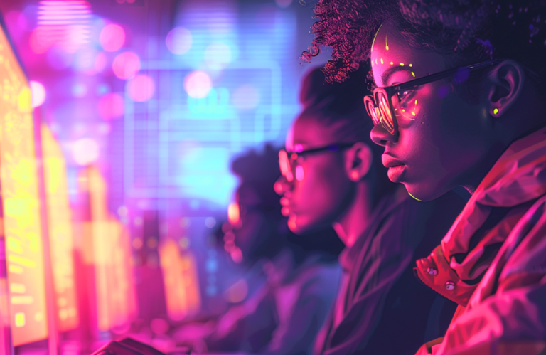 Group of focused HBCU students working with generative AI tools on computers in a futuristic, neon-lit classroom setting.