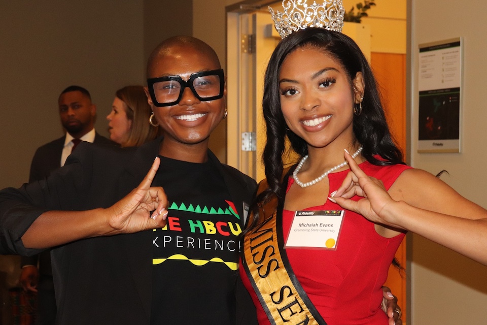 Jessica Watson poses with a Grambling State University Royal Court member and fellow AKA sorority sister at a Fidelity HBCU Experience Event.