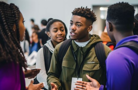 Students engaging in conversation at a college fair.