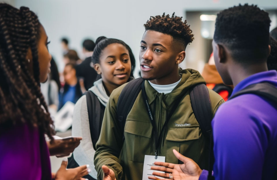 Students engaging in conversation at a college fairs.