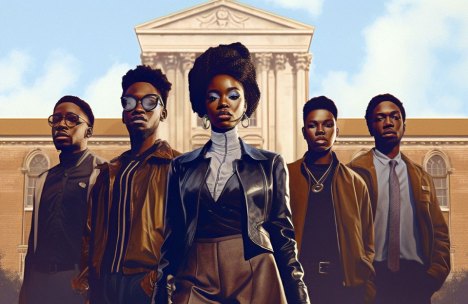Alt Text: A stylized illustration of five confident young African American individuals in fashionable attire, standing in front of an HBCU campus building representing HBCUs in pop culture.