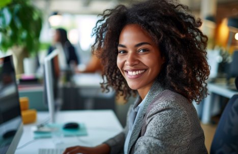 A cheerful young African American woman with curly hair, working at her computer in a modern office setting.