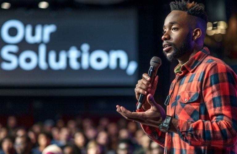 An African American entrepreneur presenting at the So Ambitious HBCU Tour, with "Our Solution" projected in the background.