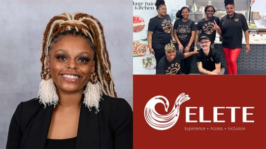 Patience Harris smiling in the foreground, the staff of Village Juice Kitchen at WSSU posing together in their workplace, and the ELETE Experience logo in red and white.