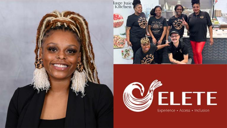 Patience Harris smiling in the foreground, the staff of Village Juice Kitchen at WSSU posing together in their workplace, and the ELETE Experience logo in red and white.