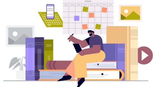 A college student sits on a stack of books, writing in a planner with a calendar and sticky notes on the wall behind, illustrating time management activities for college students.