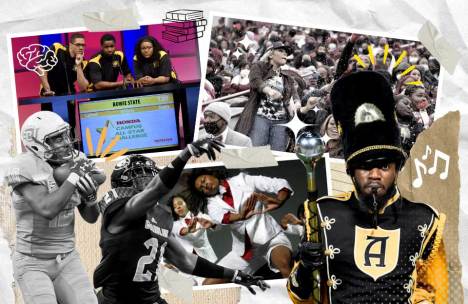 A collage of HBCU traditions showcasing student athletes, marching bands, quiz bowl teams, and Greek life stepping.